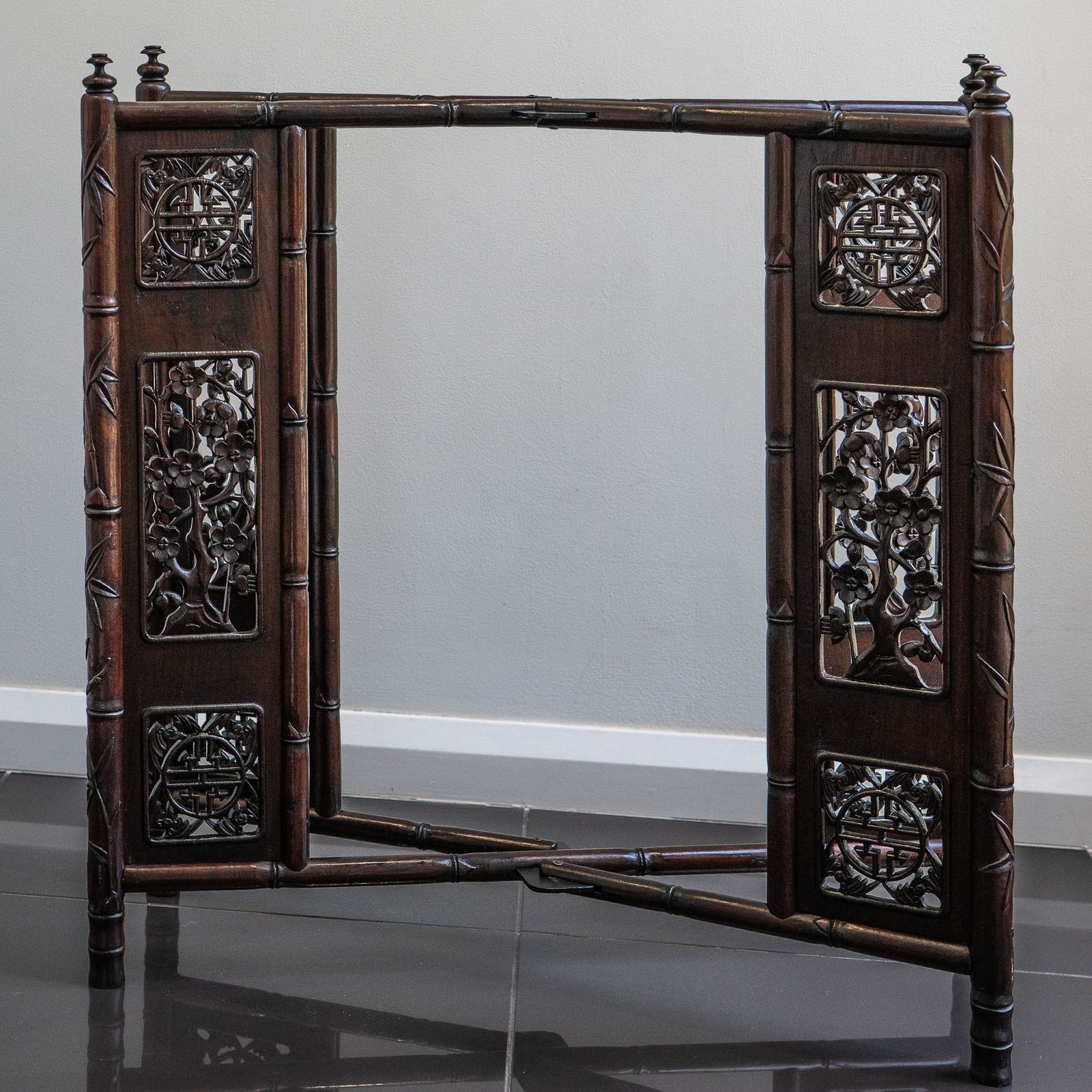 Antique Chinese Carved Hardwood Folding Table With Two Circular Lift Out Trays. photo furniture