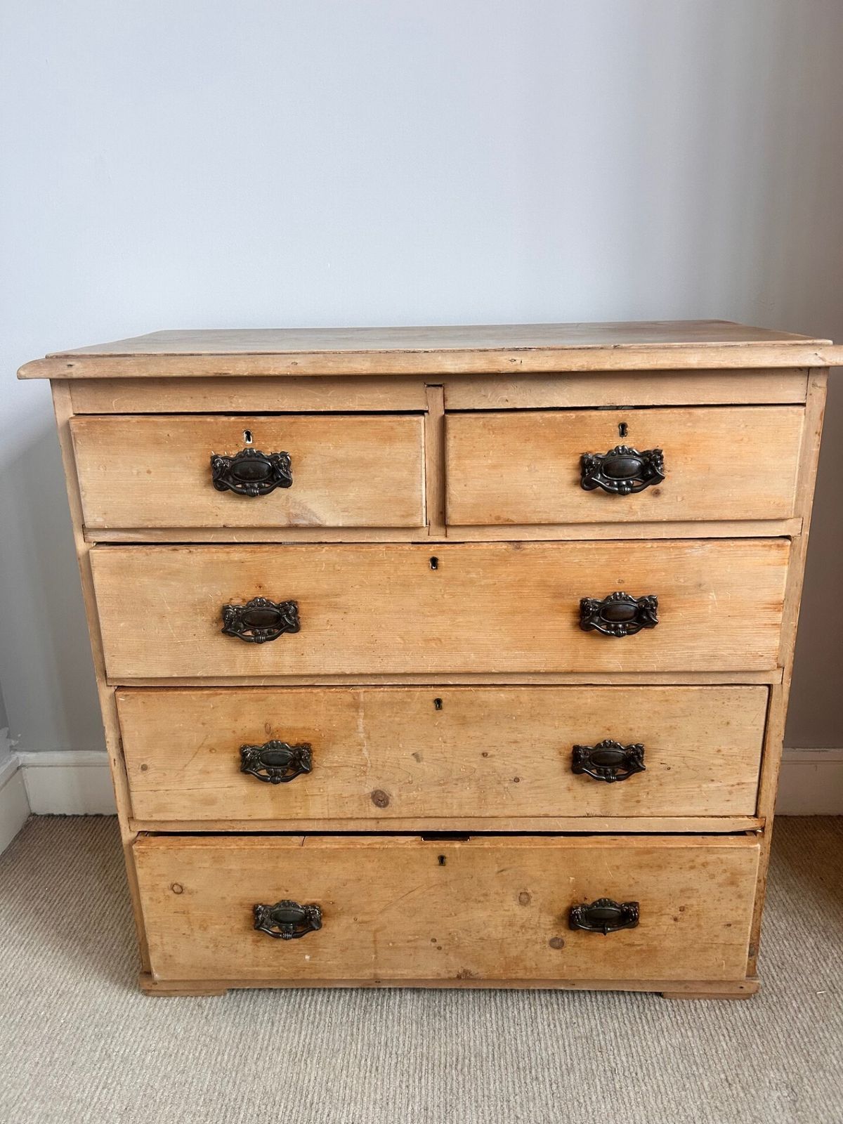 Antique Pine Chest Of Drawers With Original Drop Handles