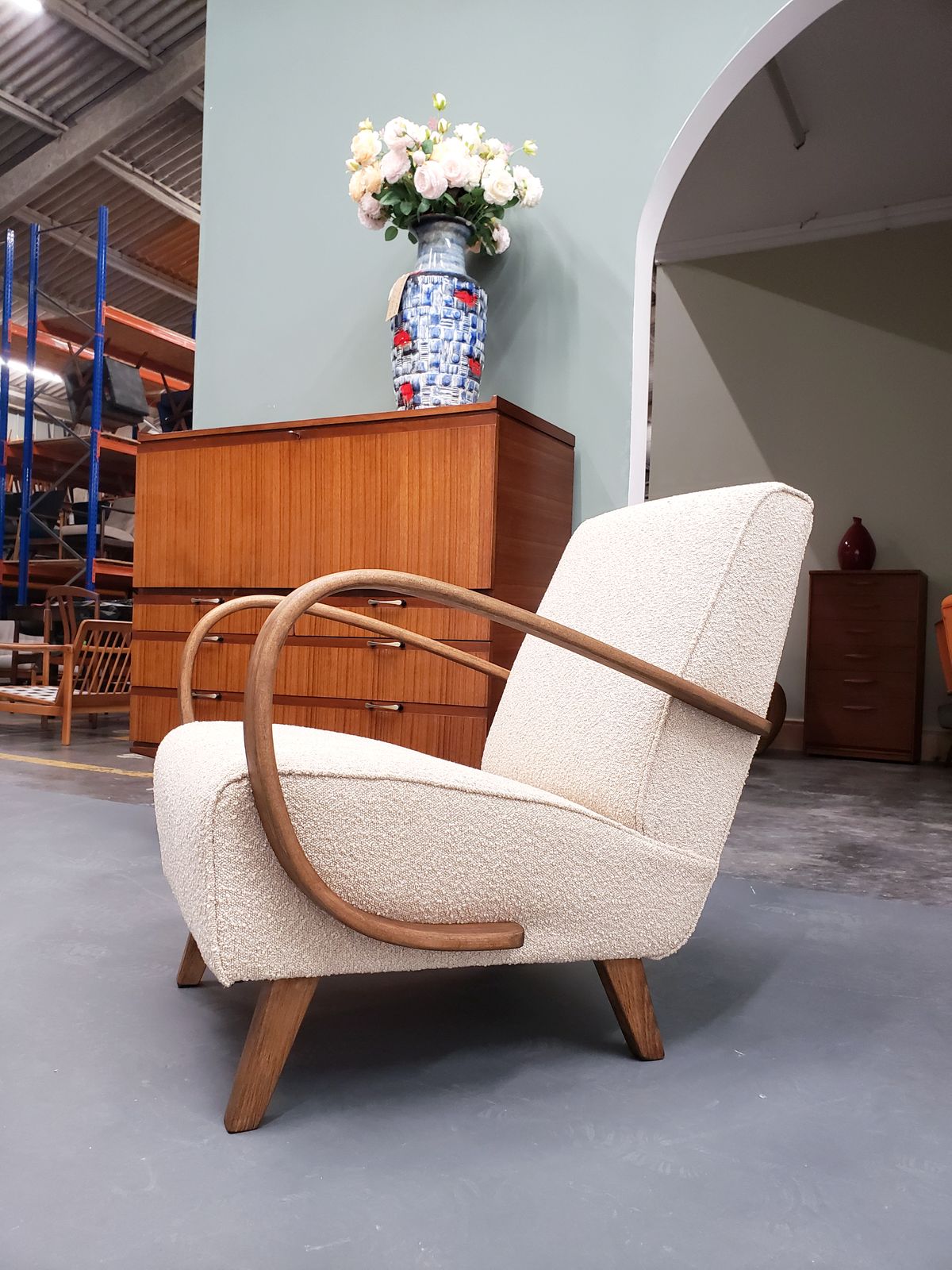 photo for sale 1930 Jindrich Halabala Bentwood Armchair In Beige Boucle