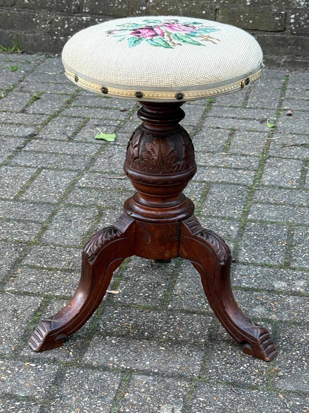 245.0 Antique Victorian Carved Piano Or Accent Stool – Adjustable Wooden Stool With Needlepoint Floral Seat photo
