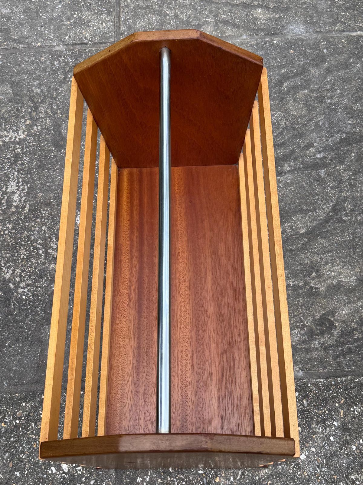 125.0 Vintage Slatted Magazine Rack, Mid Century Modern Wood Holder, Mcm Handle Decor photo