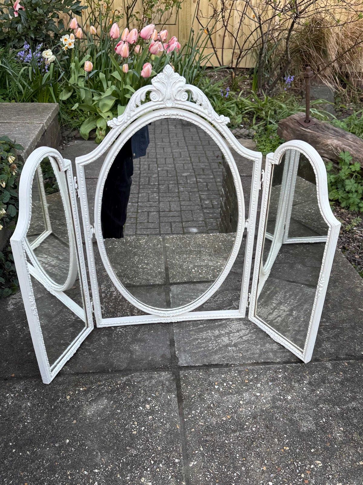 Vintage French Style Tri Fold Dressing Table Mirror – Ornate Rococo Vanity Mirror In Cream Finish photo furniture