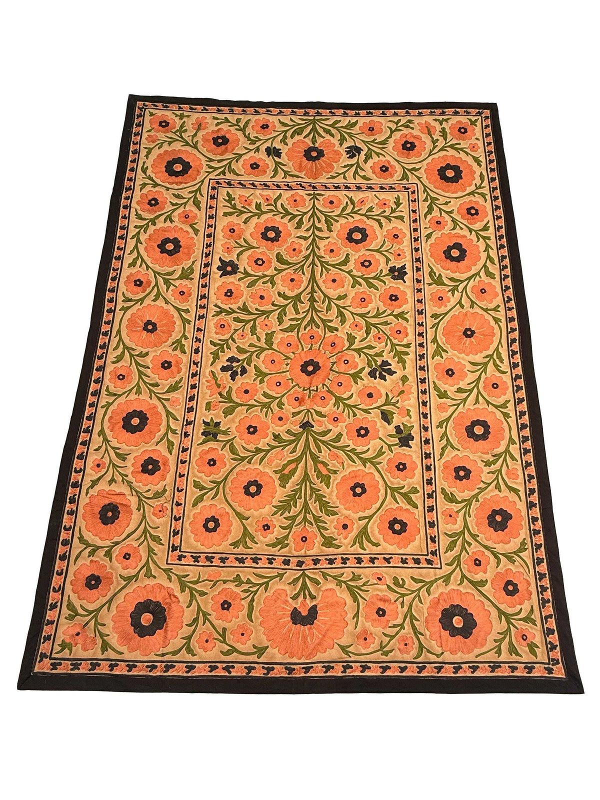 Vintage Suzani Embroidery Wall Hanging: Muted Floral Silk Textile Art Bedding Throw.