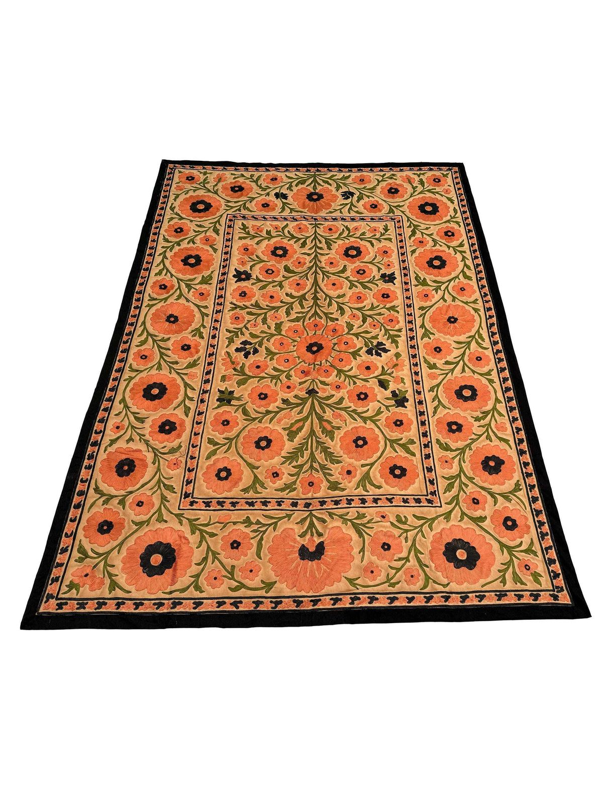 Vintage Suzani Embroidery Wall Hanging: Muted Floral Silk Textile Art Bedding Throw. photo Art