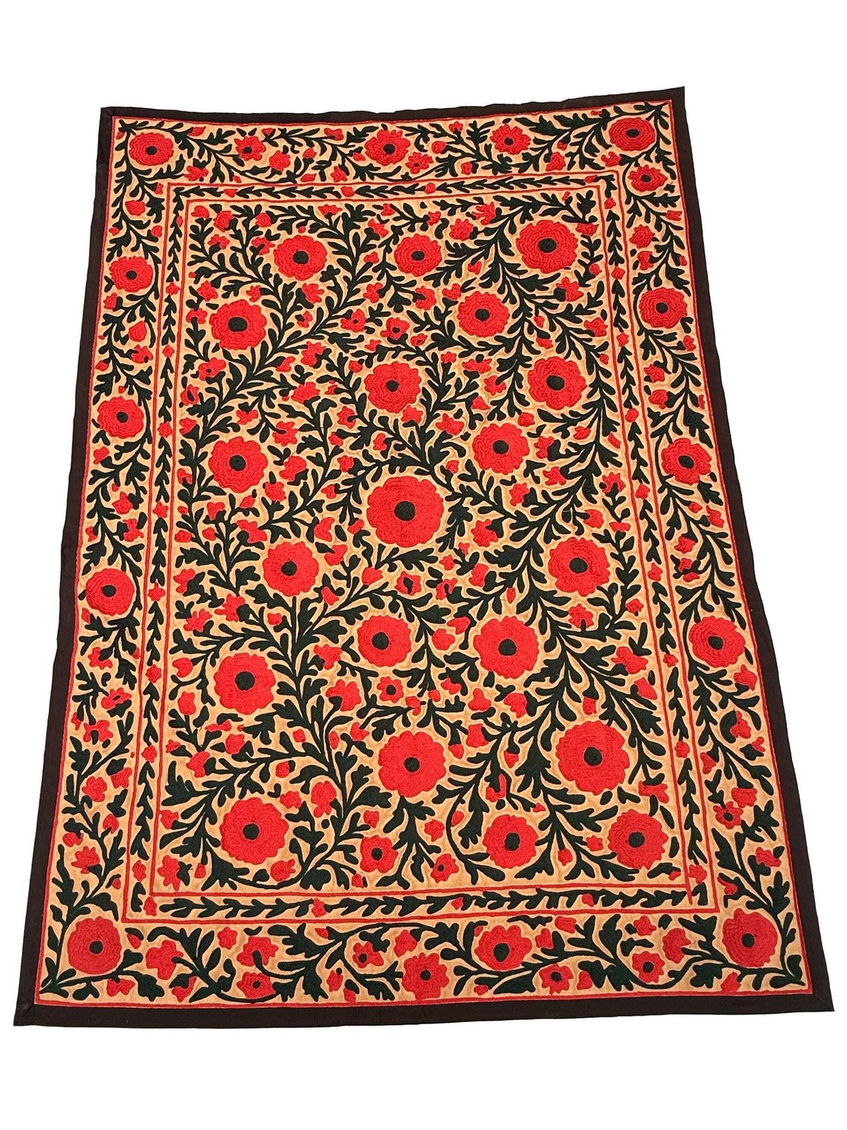 Vintage Suzani Silk Floral Bedcover: Hand Embroidered Textile Wall Hanging.