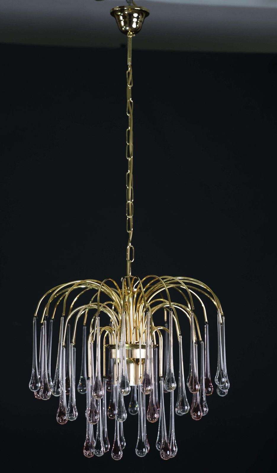 photo vintage Lady Grace, Chandelier With Pink And Transparent Pendants, Murano Glass, 1980