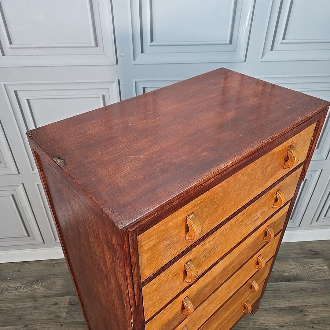Vintage Chest Of Drawers Tall Two Tone Oak Mid Century Style Commode Retro photo for sale
