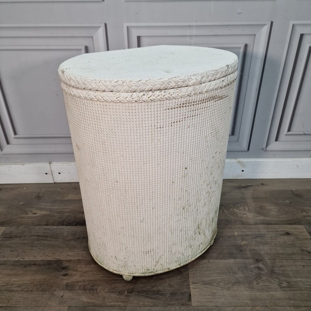 Vintage Laundry Basket Lidded Wicker Hamper Lloyd Loom Style Mid Century Retro