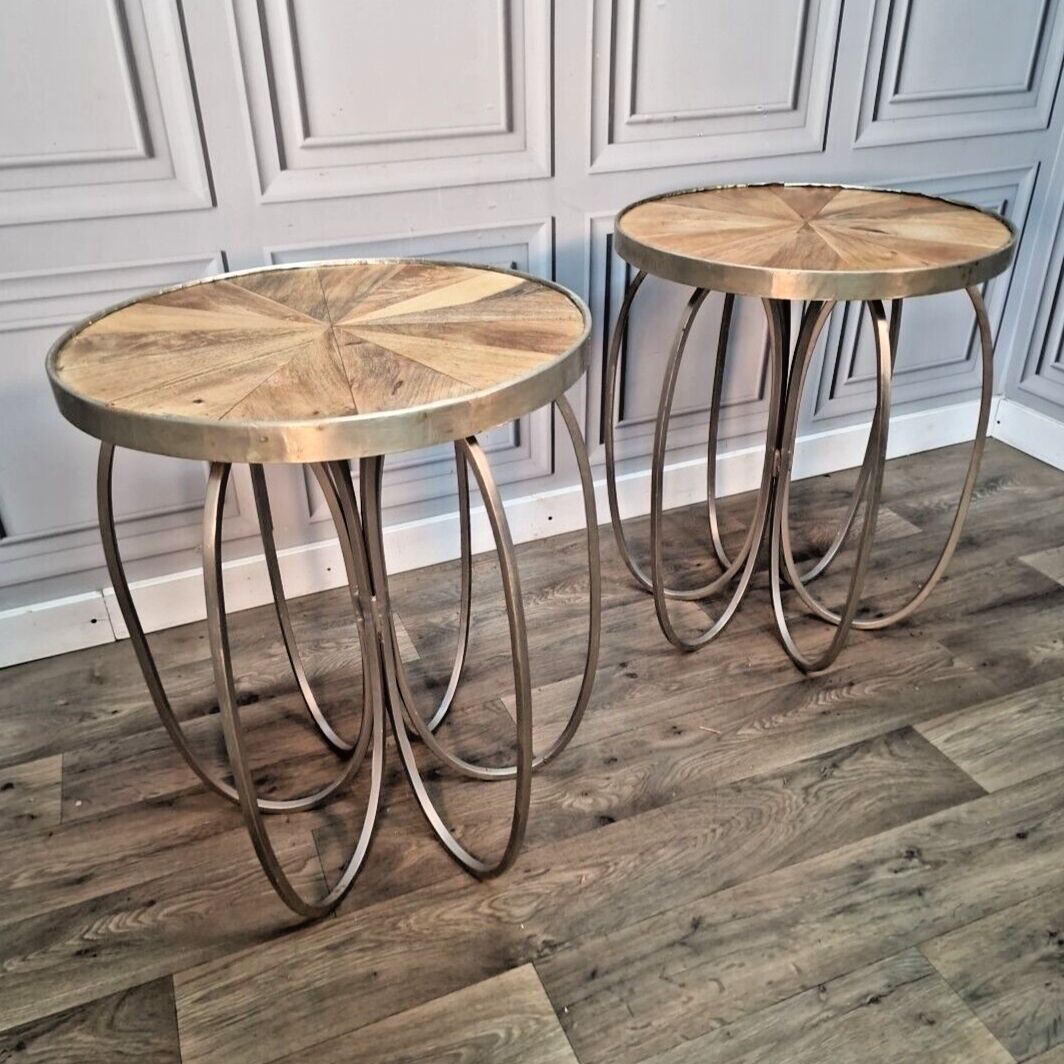 Retro Pair Side Tables 2 Round Wooden Top Metal Frame Coffee Bedside Wood