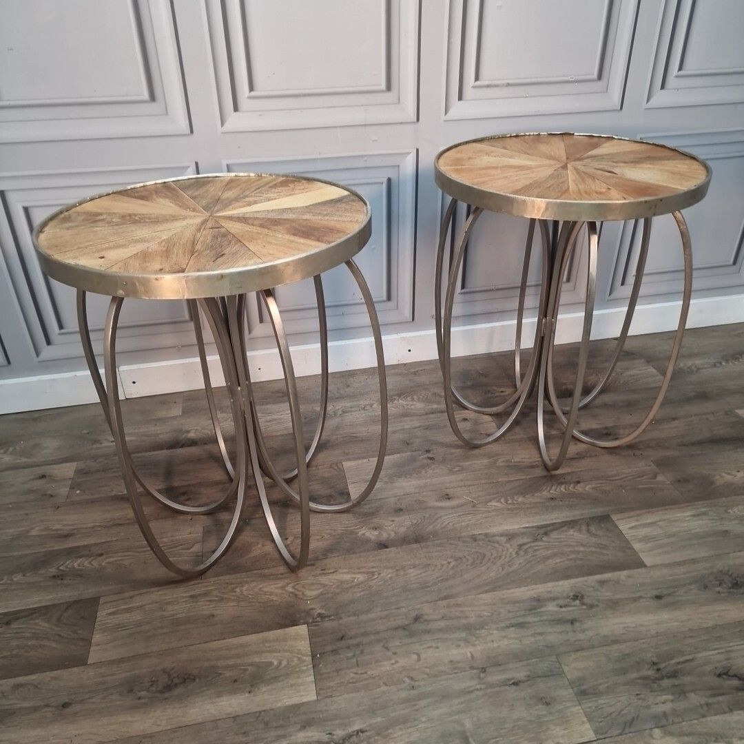 Retro Pair Side Tables 2 Round Wooden Top Metal Frame Coffee Bedside Wood photo furniture