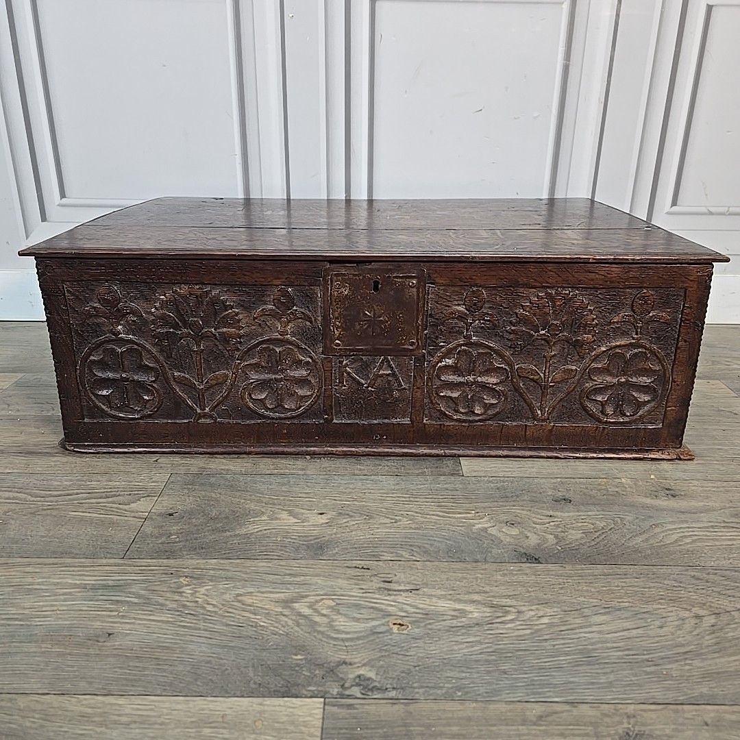 Antique Oak Chest Bible Deed Box 17th Century Floral Carved Coffer Trunk Wood photo Home Decor