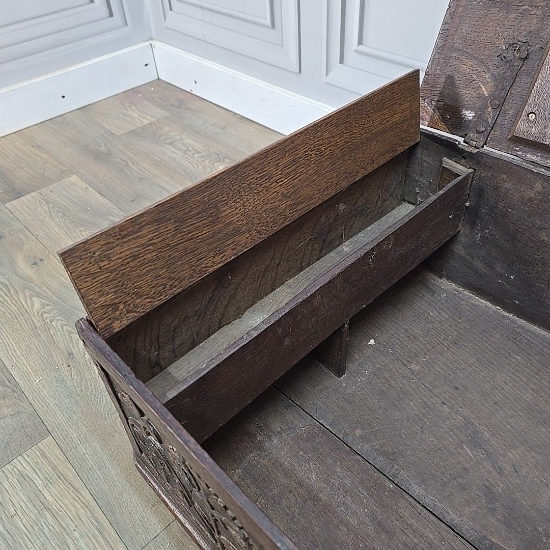 photo buy Antique Oak Chest Bible Deed Box 17th Century Floral Carved Coffer Trunk Wood