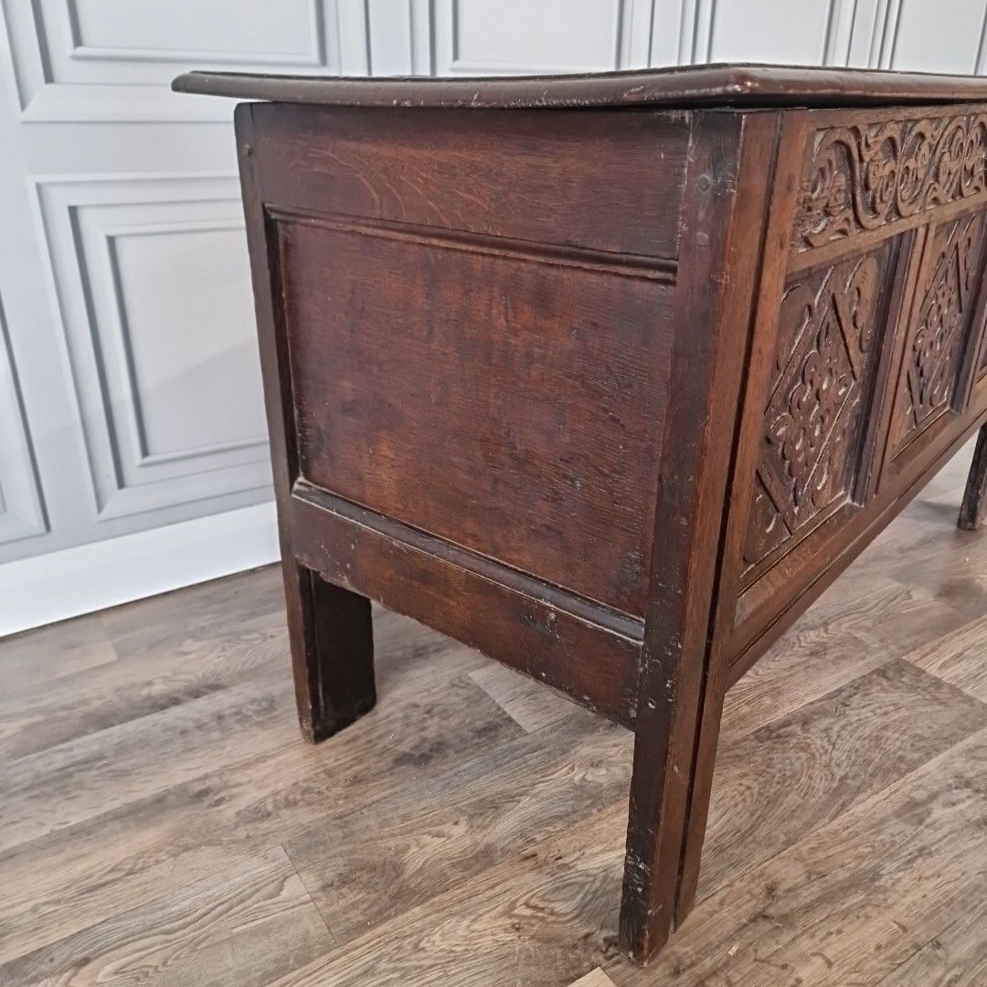Antique Wooden Coffer Mule Chest Carved Panel Blanket Box Trunk Jacobean Style photo for sale