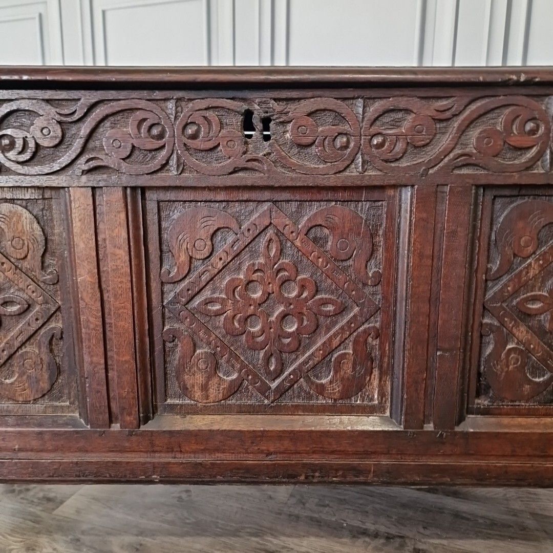 Antique Wooden Coffer Mule Chest Carved Panel Blanket Box Trunk Jacobean Style photo buy