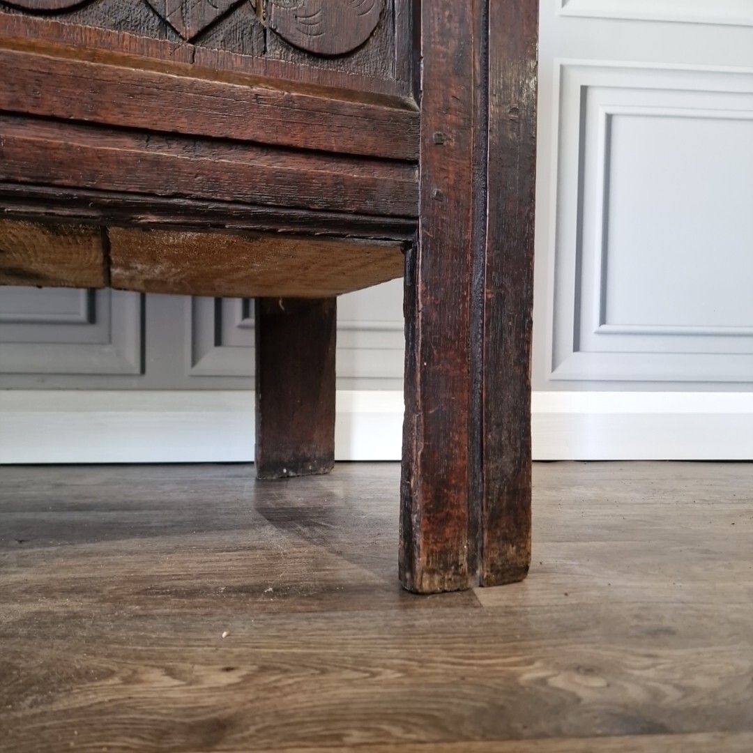 Antique Wooden Coffer Mule Chest Carved Panel Blanket Box Trunk Jacobean Style photo vintage
