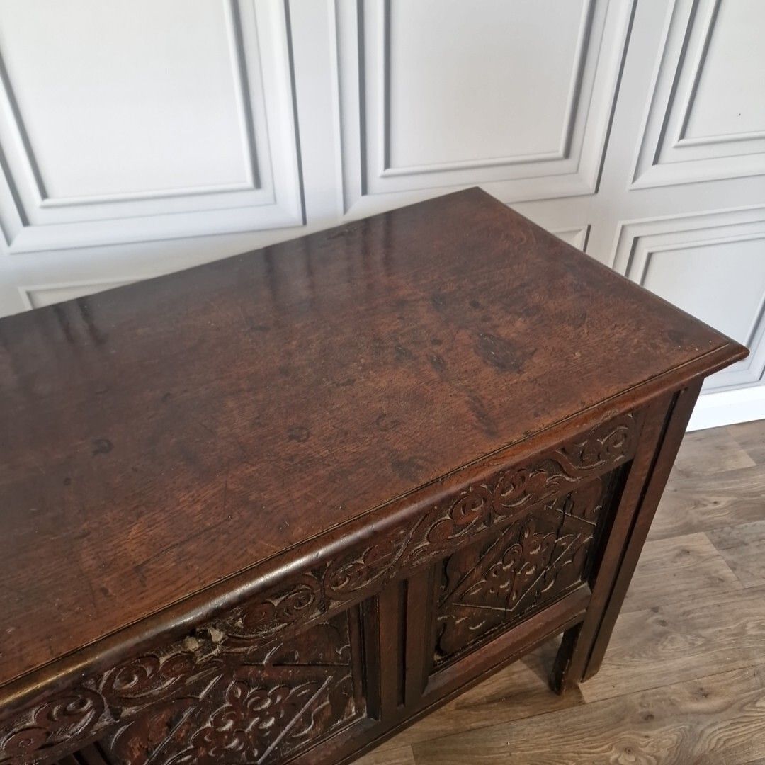 photo for sale Antique Wooden Coffer Mule Chest Carved Panel Blanket Box Trunk Jacobean Style
