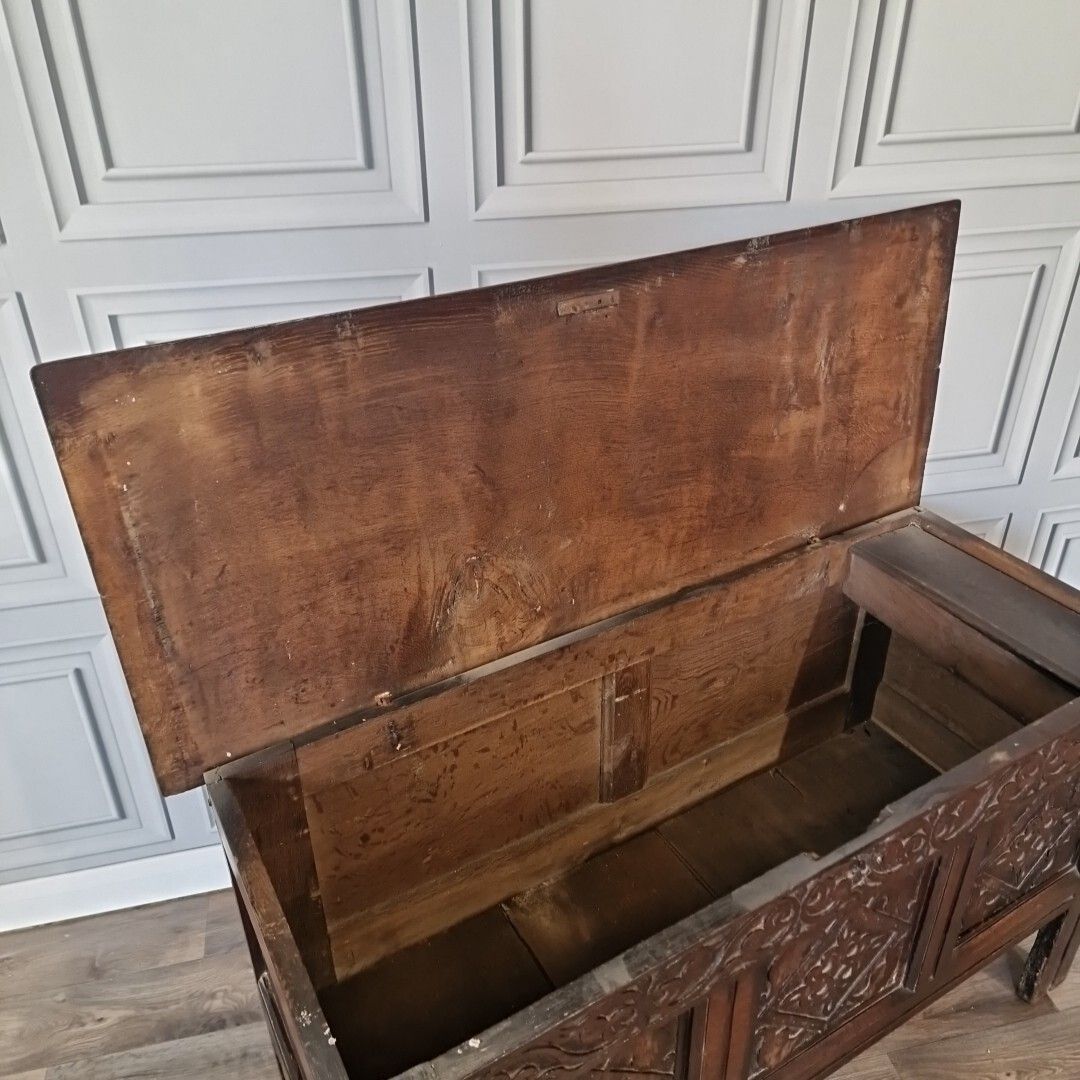 640.0 Antique Wooden Coffer Mule Chest Carved Panel Blanket Box Trunk Jacobean Style photo