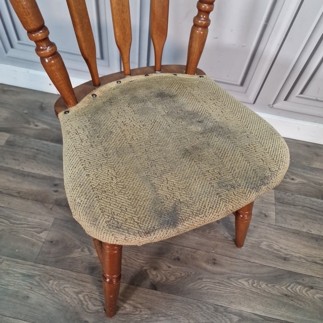 Vintage Farmhouse Dining Chair – Spindle Back Upholstered Pub Seat Solid Wood photo for sale