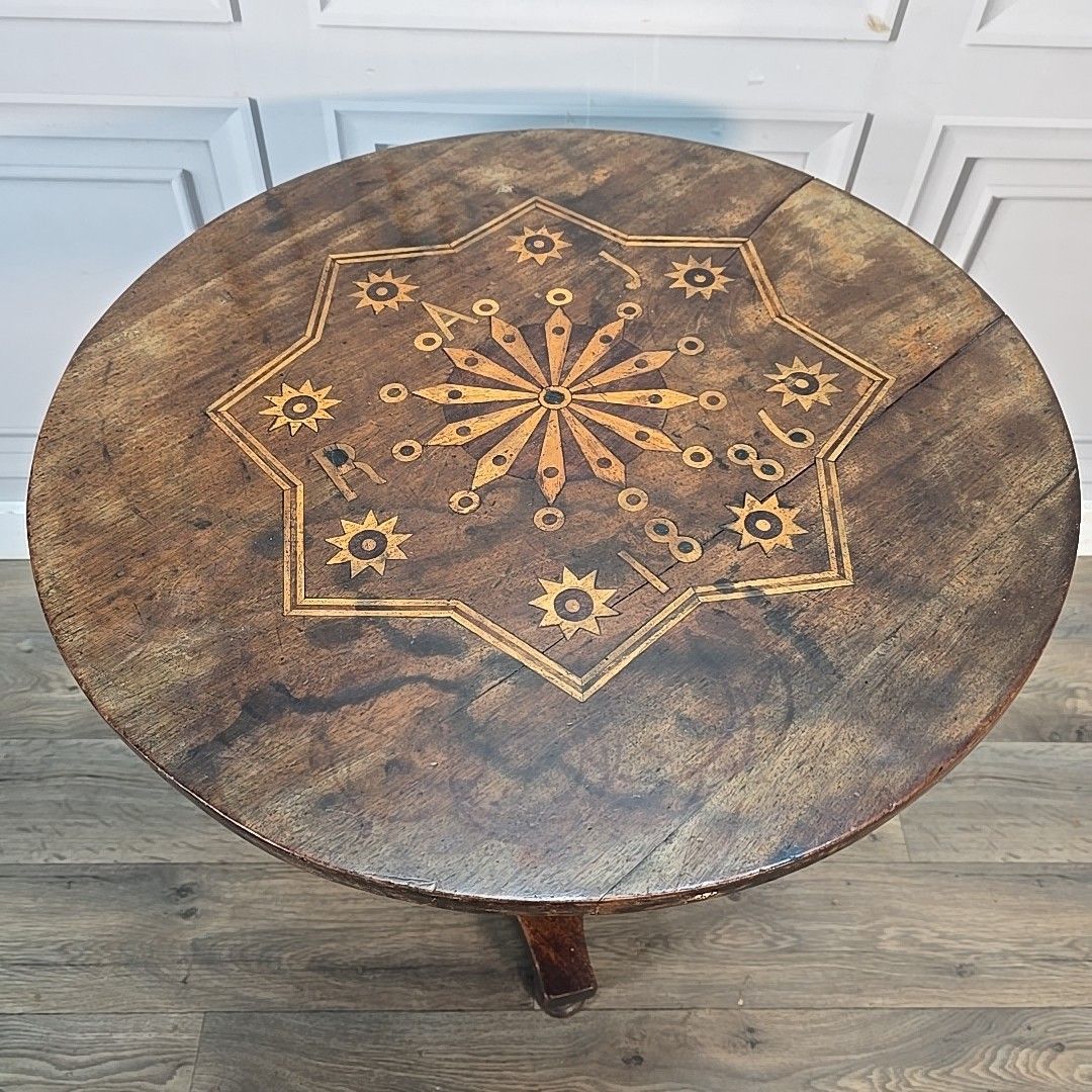Antique Tilt Top Table – Side Inlaid Marquetry Top – Pedestal Base Window Lamp photo vintage