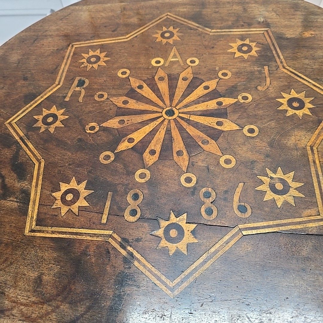 photo for sale Antique Tilt Top Table – Side Inlaid Marquetry Top – Pedestal Base Window Lamp
