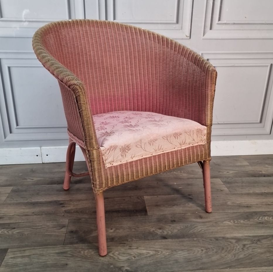 Retro Vintage Tub Chair – Pink Painted Frame Lloyd Loom Woven Seat Armchair