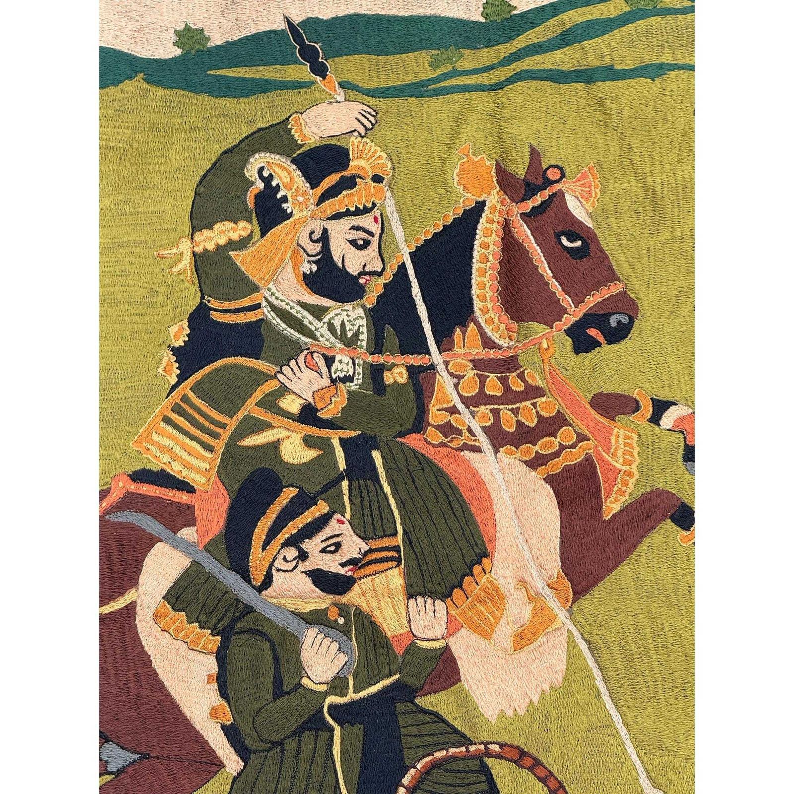 Indian Silk Embroidery Wall Hanging | Vintage Hunting Scene Tapestry, 30x30 Inch Boho Rustic Decor. photo 650.0