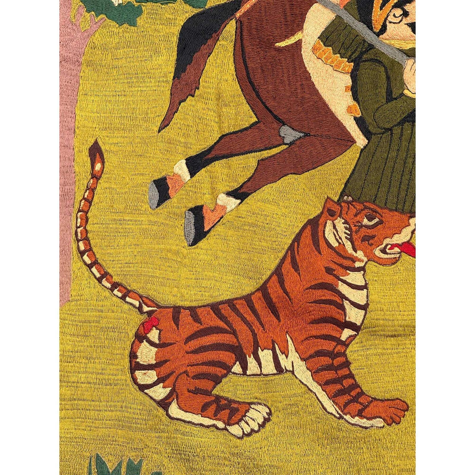 Indian Silk Embroidery Wall Hanging | Vintage Hunting Scene Tapestry, 30x30 Inch Boho Rustic Decor. photo buy