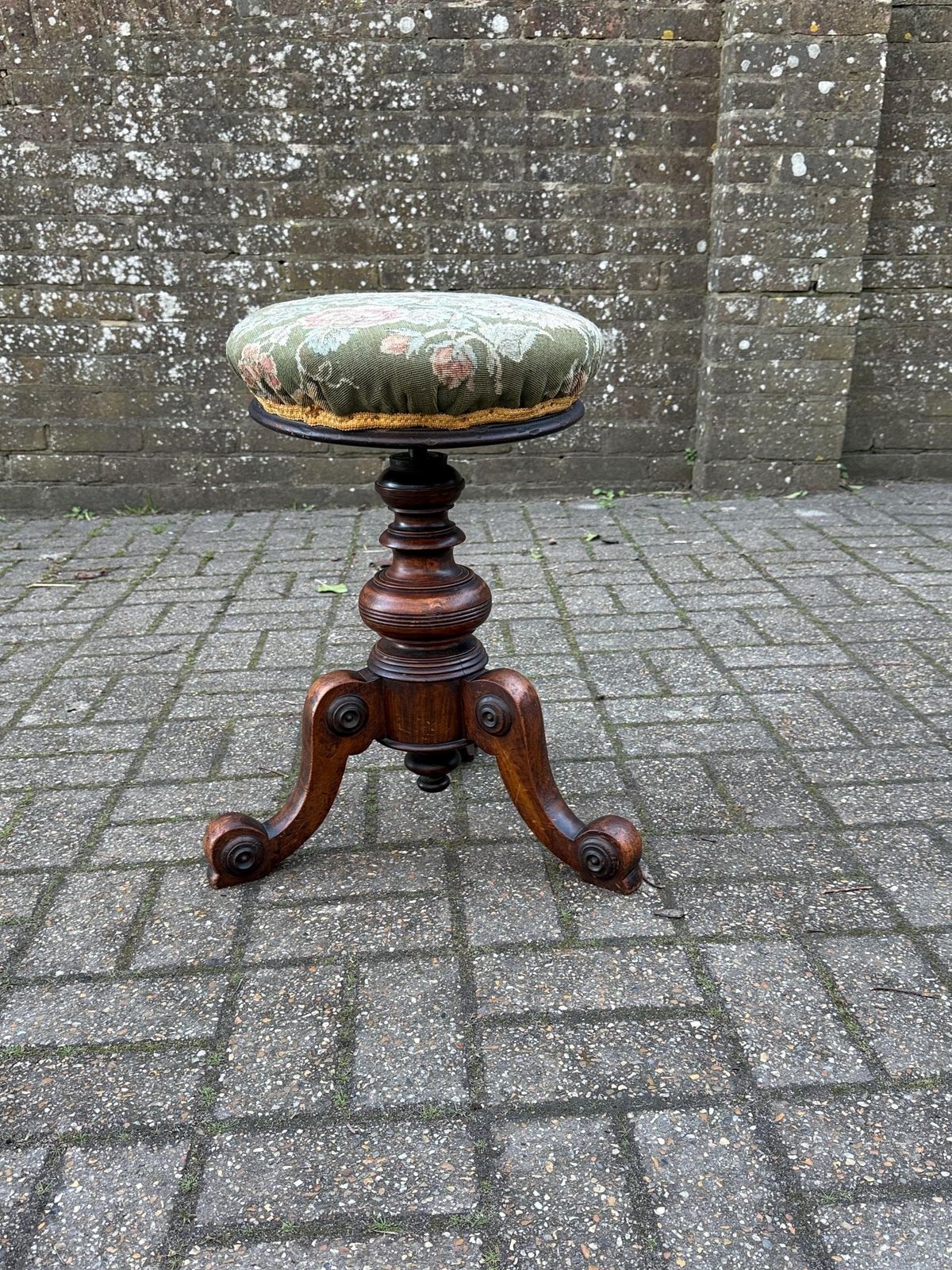 Antique Victorian Adjustable Piano Occasional Stool – Solid Wood Carved Tripod Stool With Floral Green Upholstered Seat