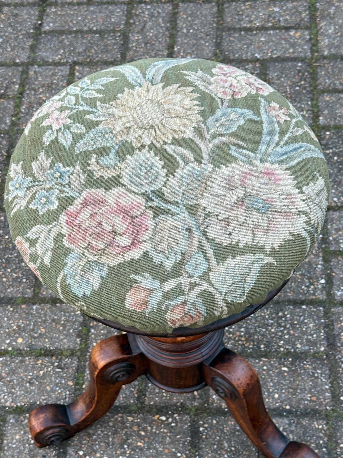 Antique Victorian Adjustable Piano Occasional Stool – Solid Wood Carved Tripod Stool With Floral Green Upholstered Seat photo for sale