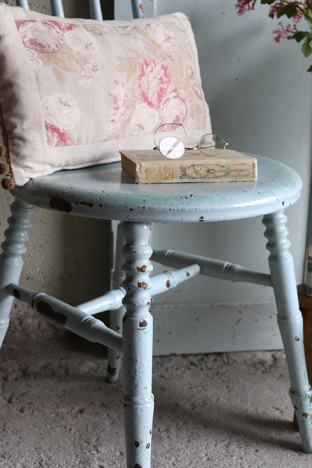 Painted Spindle Back Farmhouse Penny Chair In Original Distressed Duck Egg Blue photo 300.0