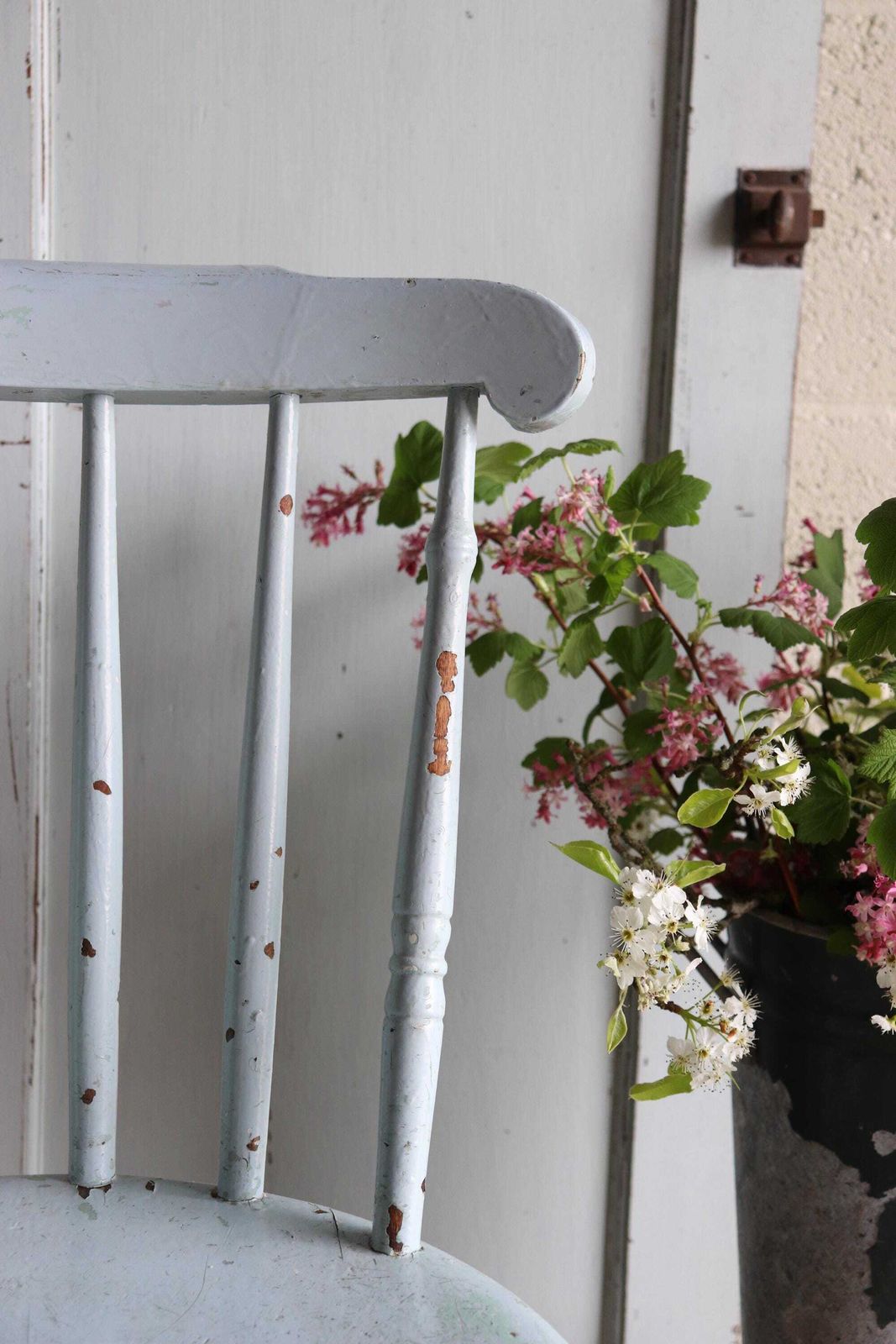 Painted Spindle Back Farmhouse Penny Chair In Original Distressed Duck Egg Blue photo vintage