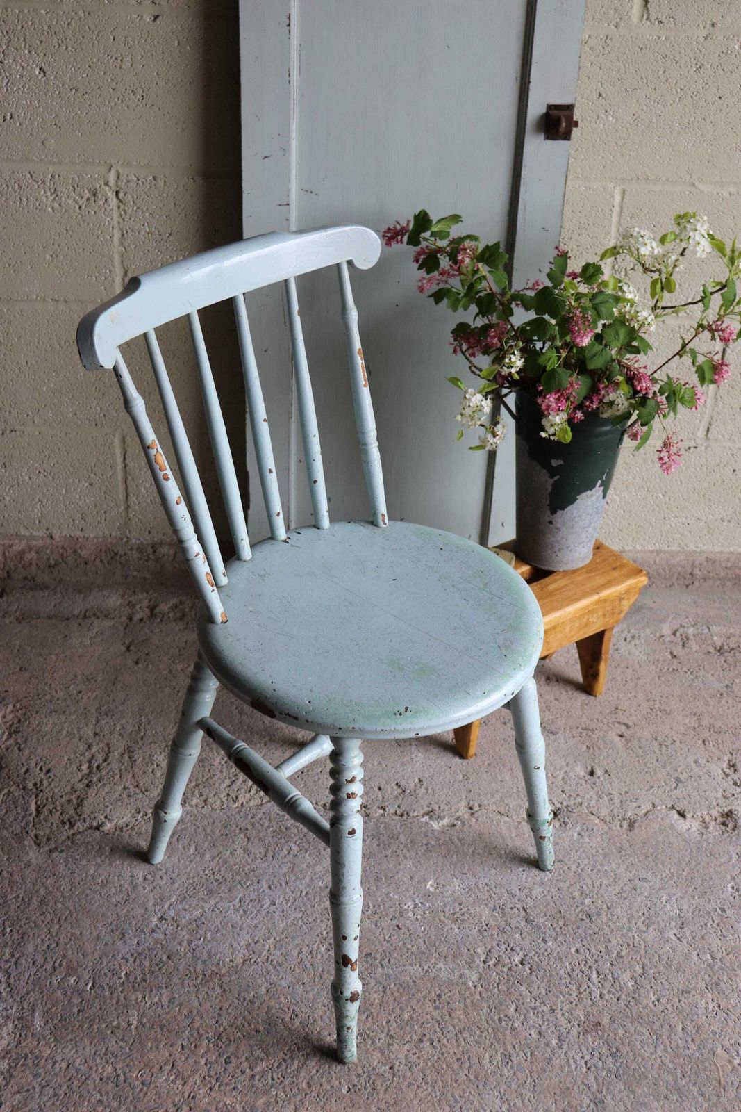 photo furniture Painted Spindle Back Farmhouse Penny Chair In Original Distressed Duck Egg Blue