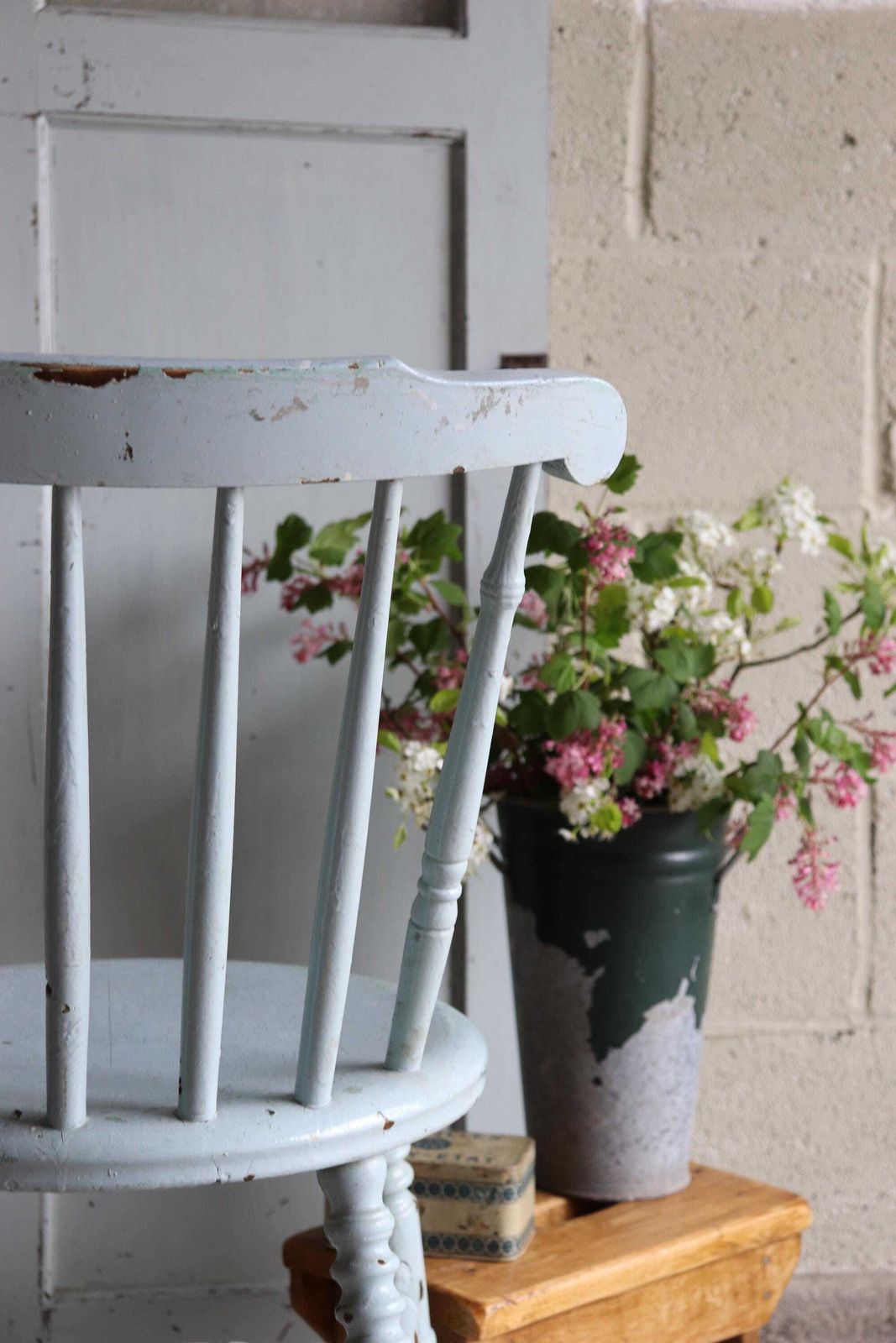 300.0 Painted Spindle Back Farmhouse Penny Chair In Original Distressed Duck Egg Blue photo