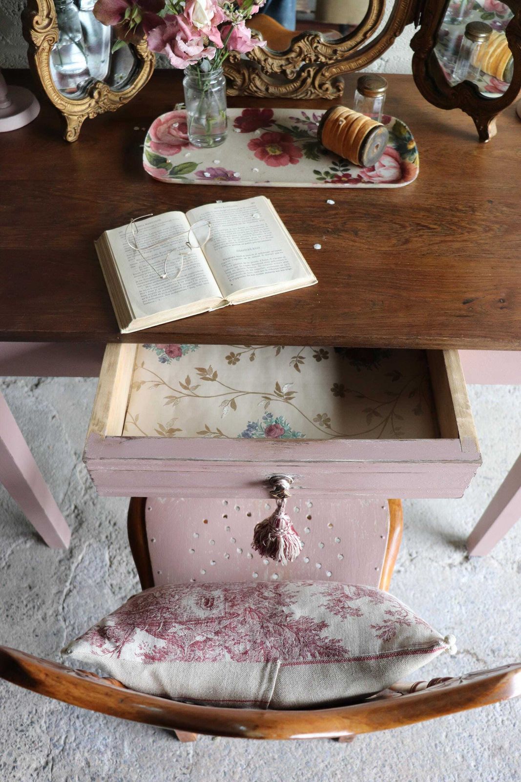 French Mid Century Desk Or Dressing Table With Pink Painted Base And Drawer photo vintage