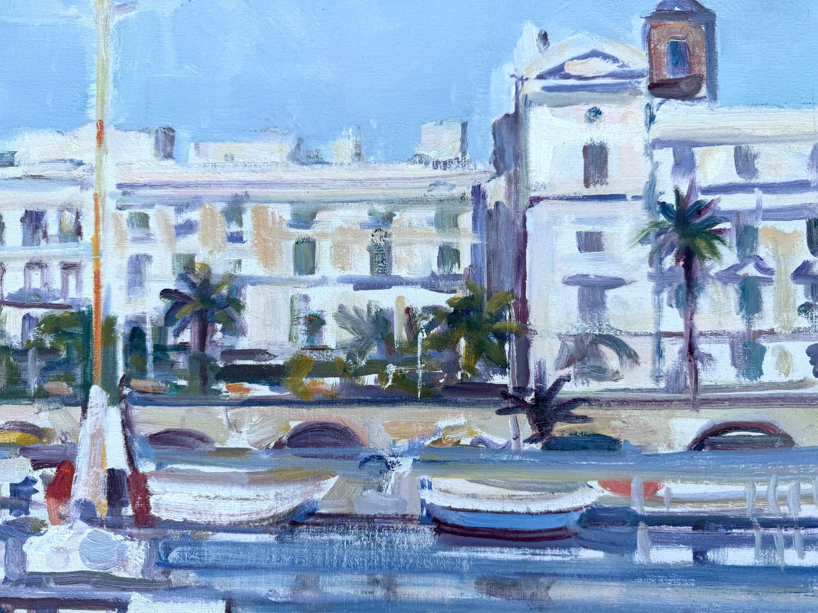 Rafael Duran Benet Mid Century Barcelona Harbor Sailboats Mediterranean Impressionist Oil Painting 1990 photo for sale