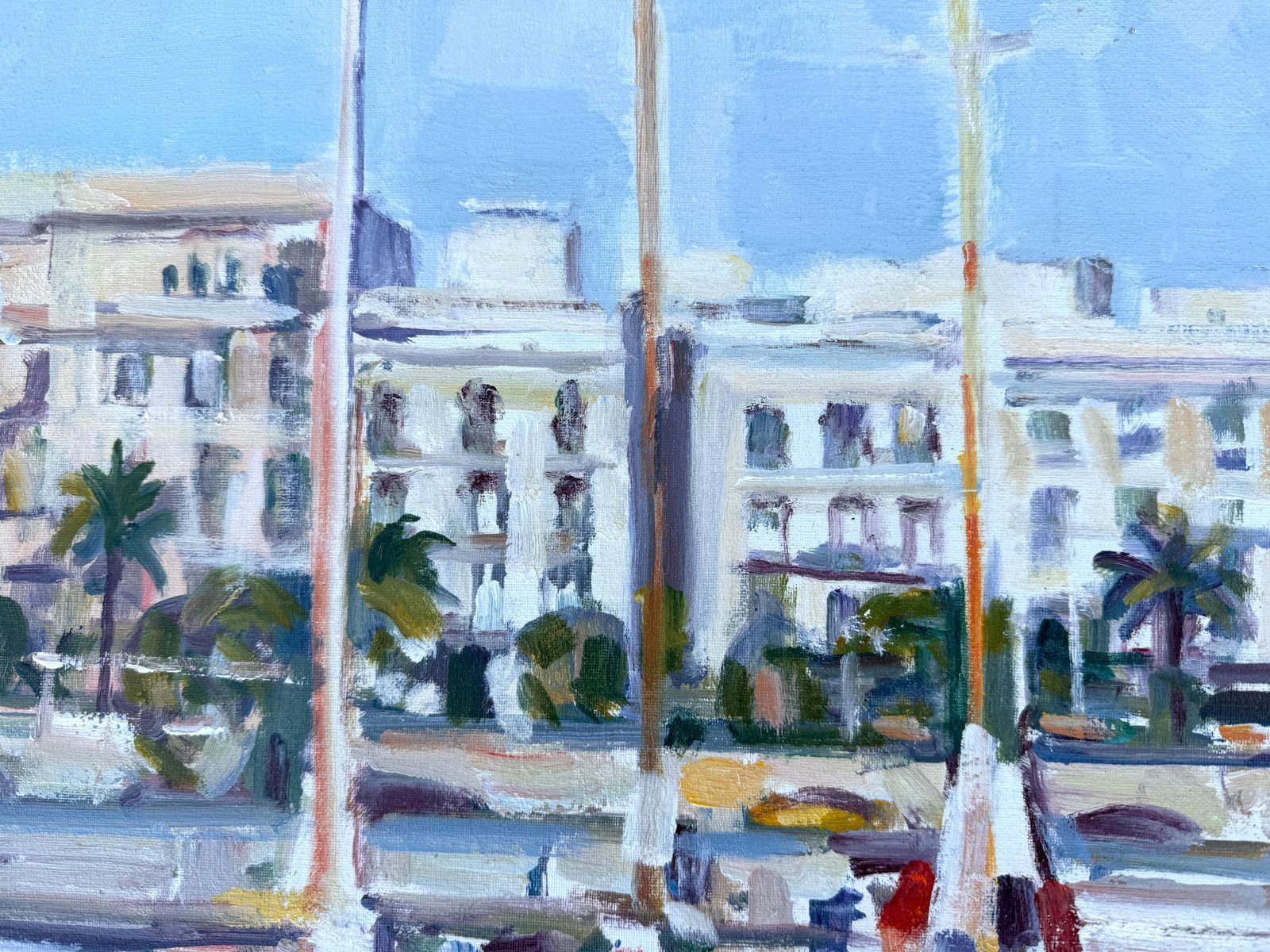 Rafael Duran Benet Mid Century Barcelona Harbor Sailboats Mediterranean Impressionist Oil Painting 1990 photo 850.0