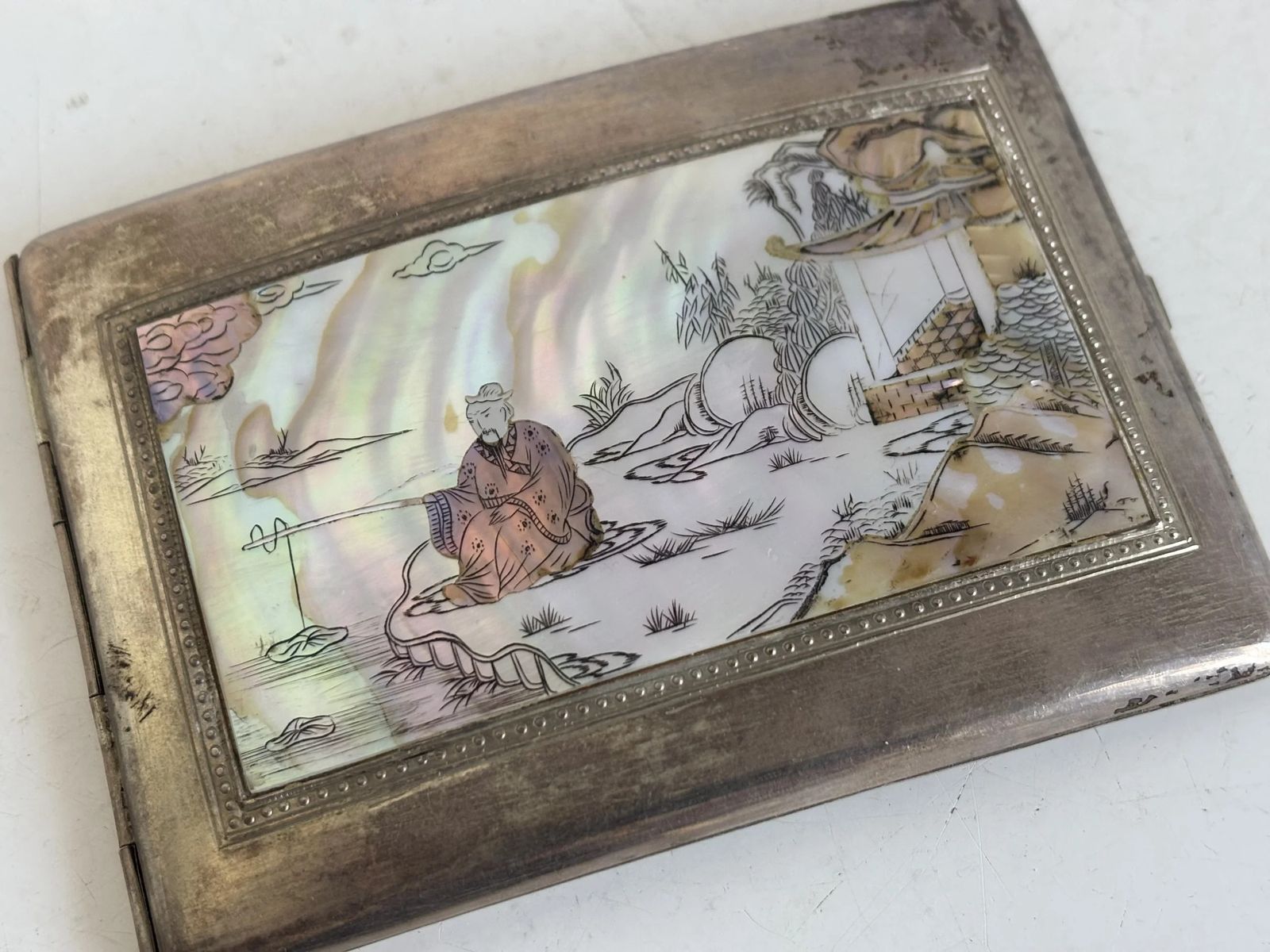 Vintage Chinese Silver Plated Mother Of Pearl Cigarette Case, Circa 1900   12.5 X 9 Cm photo for sale