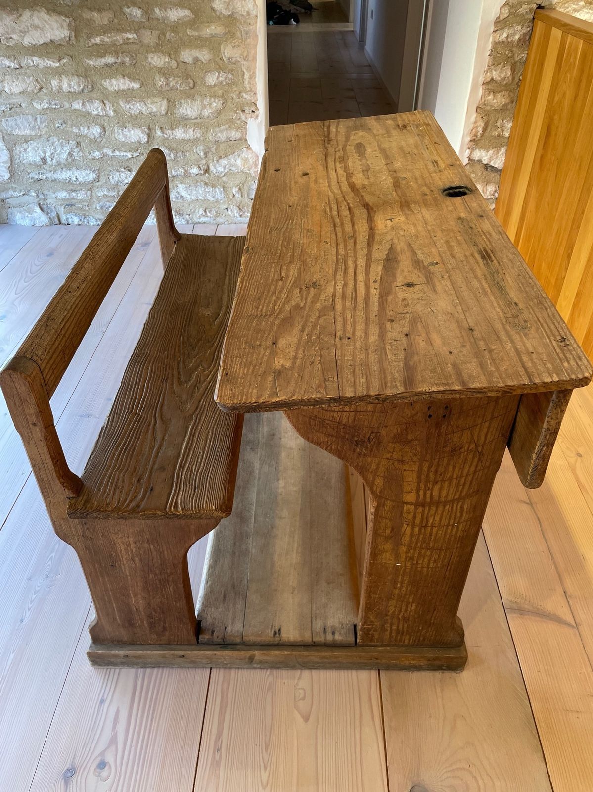 Antique School Desk, French 19thc, Double With Seat, Beautiful Patina