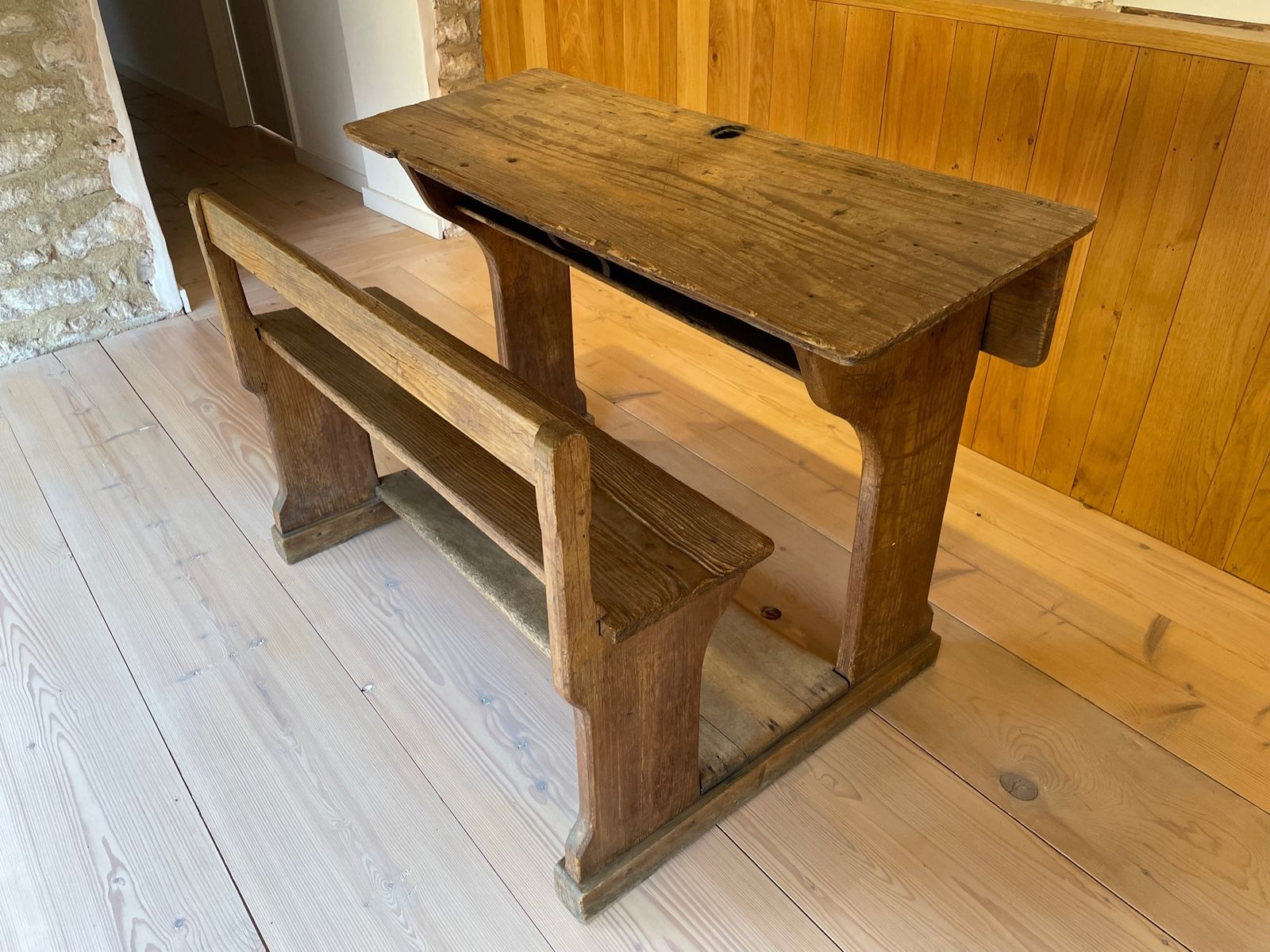 photo furniture Antique School Desk, French 19thc, Double With Seat, Beautiful Patina