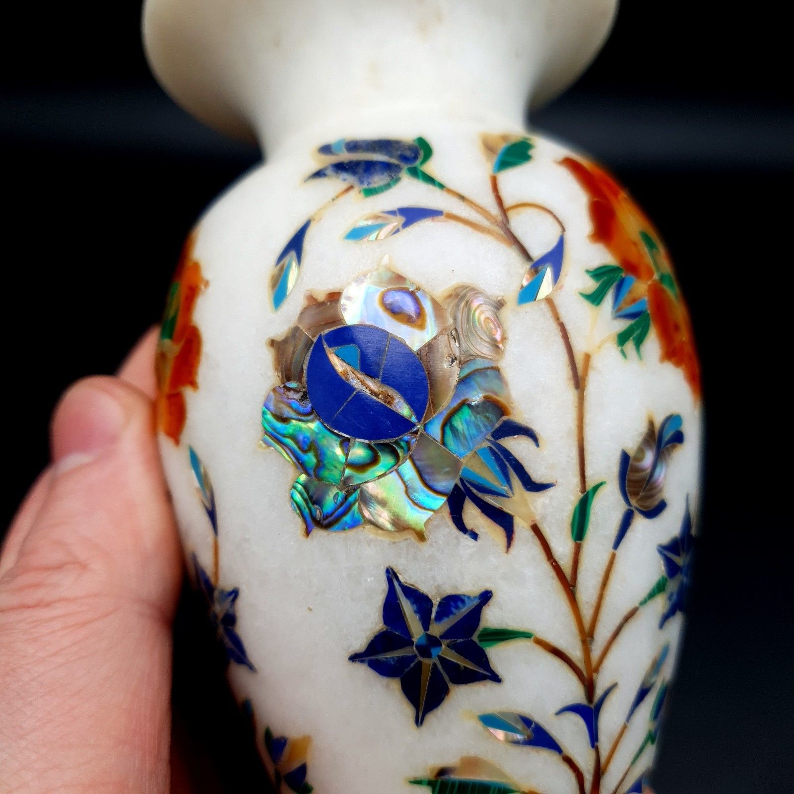White Marble Decor Pietra Dura Art Semi Precious Stones Flower Bud Vase H 18cm photo 130.0