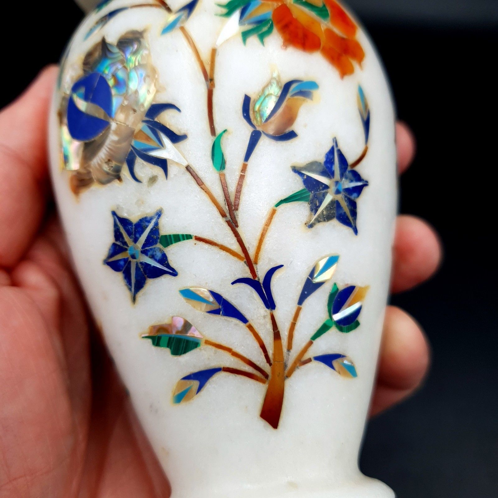 photo for sale White Marble Decor Pietra Dura Art Semi Precious Stones Flower Bud Vase H 18cm