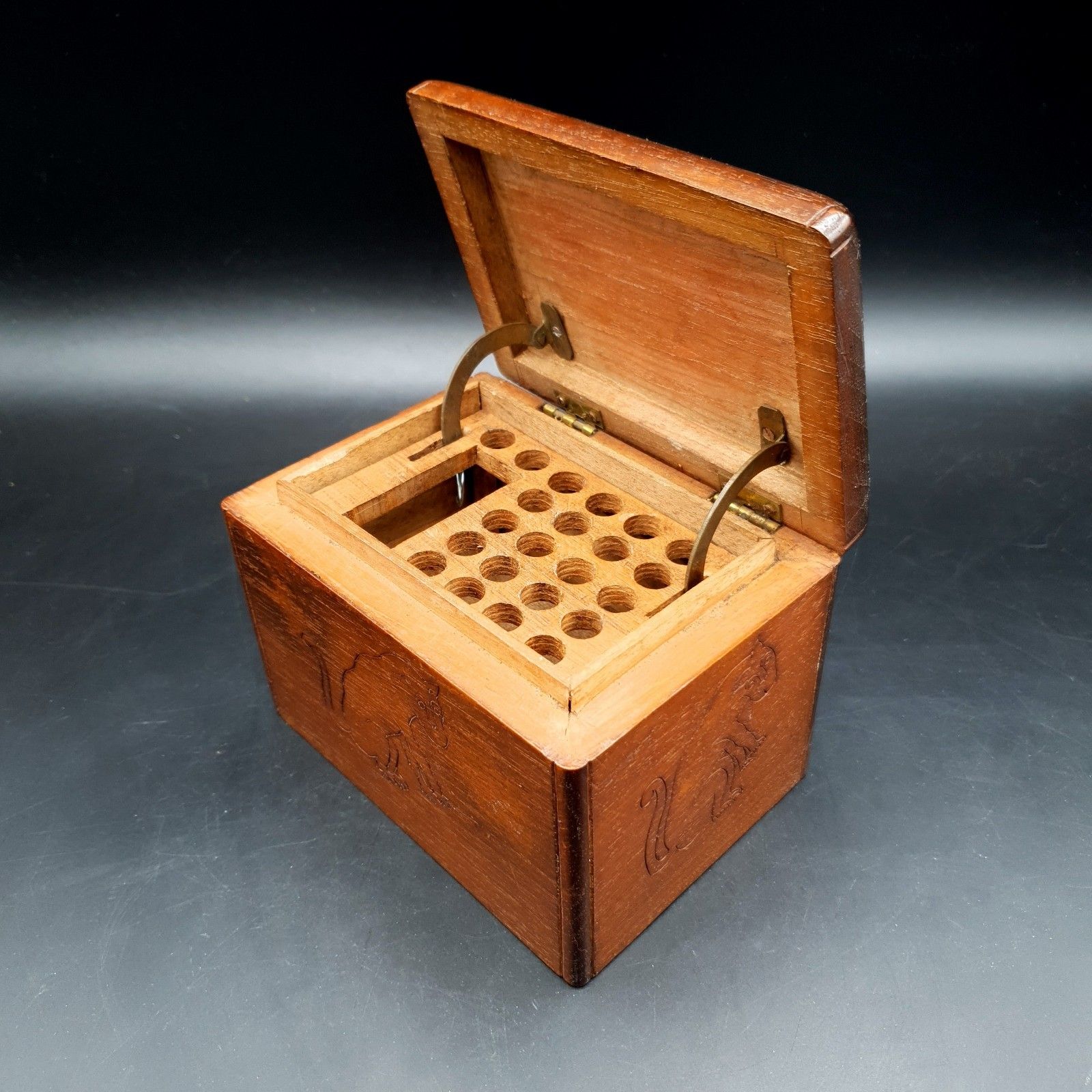 Antique Apothecary Box Rising Tray Vial Holder Carved Monkey Wood Case