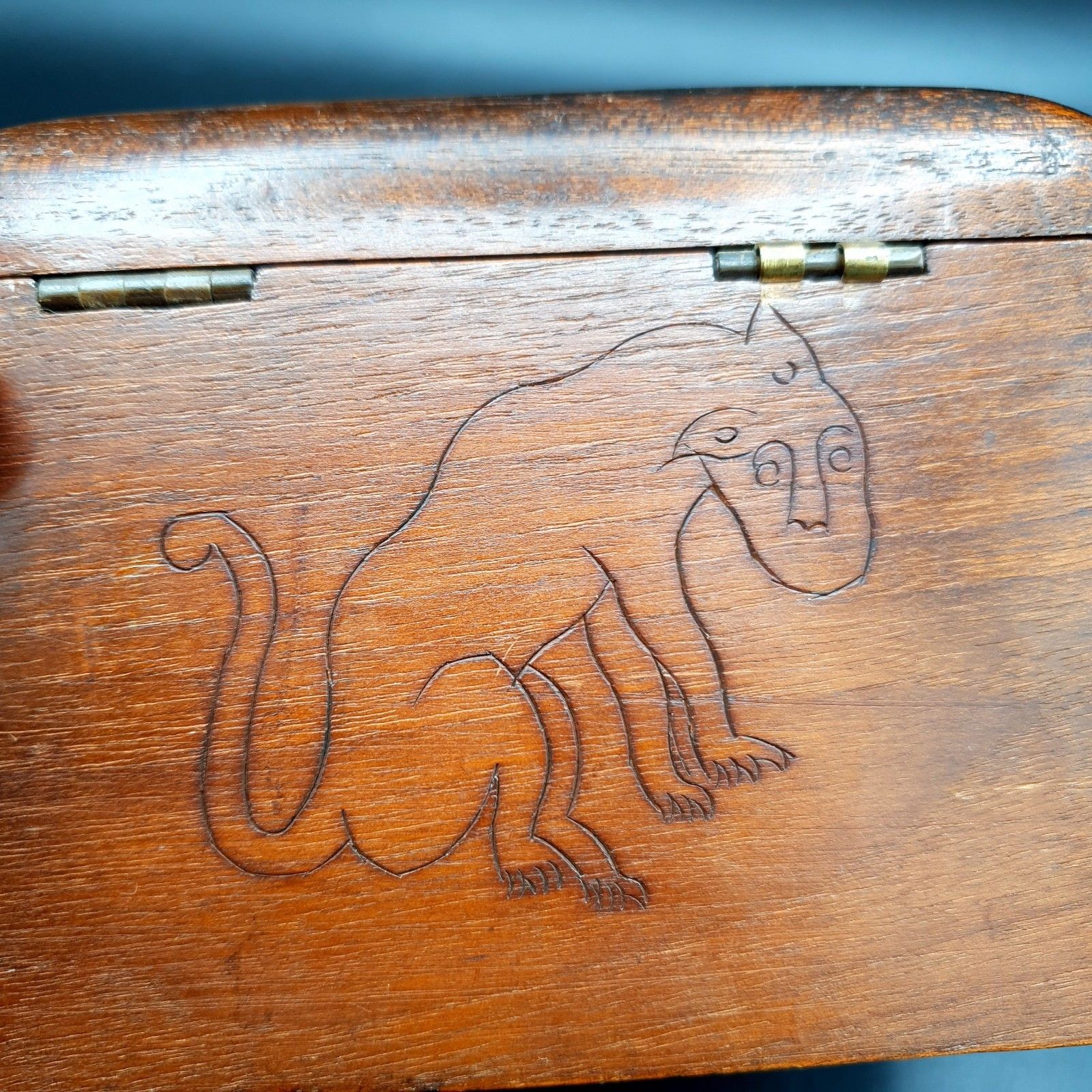 Home Decor Antique Apothecary Box Rising Tray Vial Holder Carved Monkey Wood Case photo