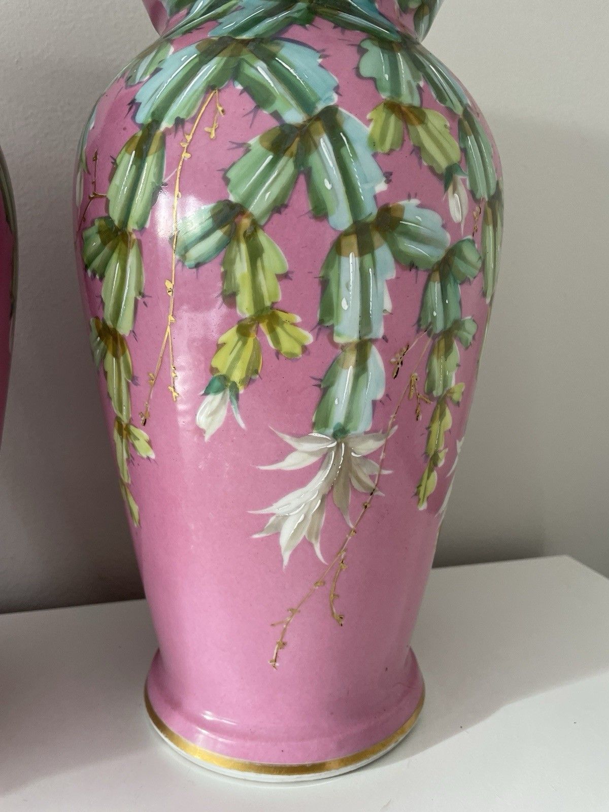 Pair Vintage Pink Chinoiserie Vases Hand Painted Flowering Cactus Gold Details photo 185.0