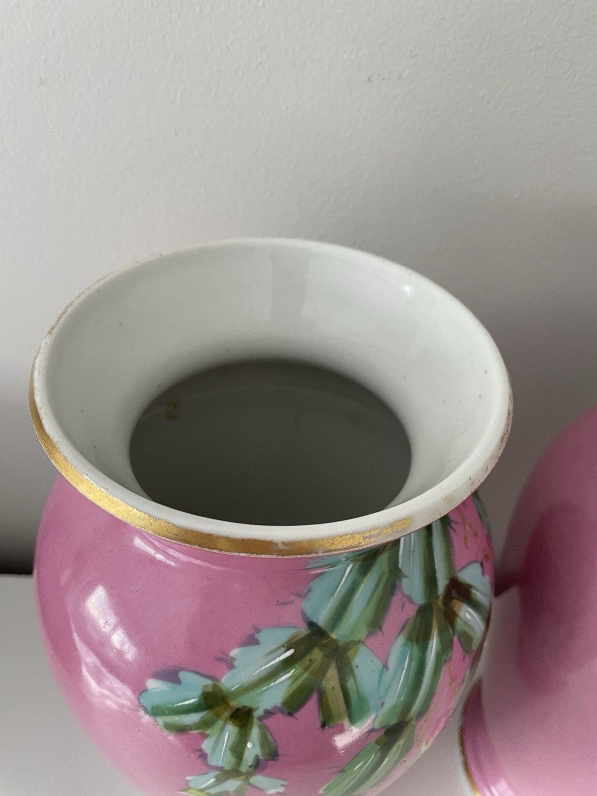 Pair Vintage Pink Chinoiserie Vases Hand Painted Flowering Cactus Gold Details photo vintage