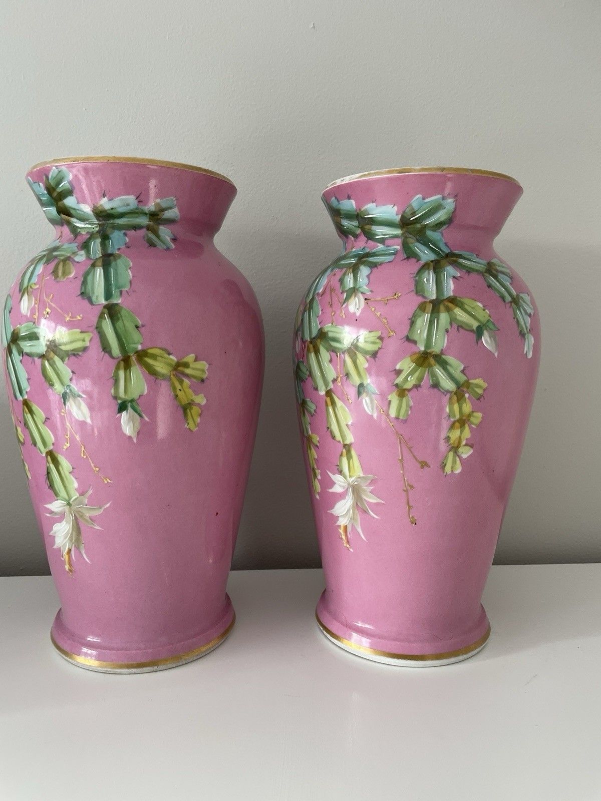 photo furniture Pair Vintage Pink Chinoiserie Vases Hand Painted Flowering Cactus Gold Details