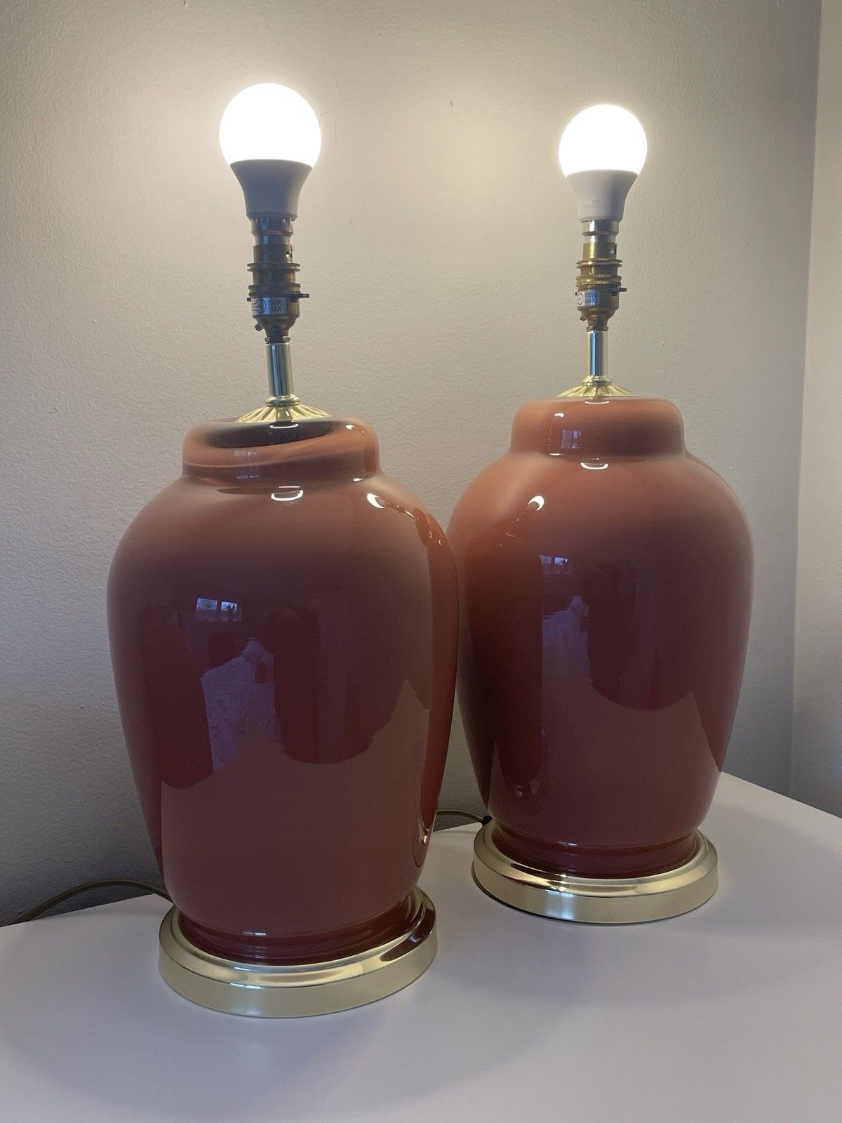 Pair Of Large Vintage Glass Cased Pink / Terracotta Coloured Lamps Working photo vintage
