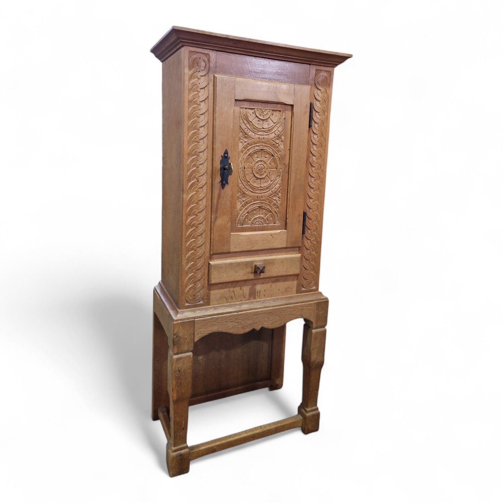 Carved Oak Side Cupboard / Antique Style Cabinet On Stand With Drawer + Key photo for sale