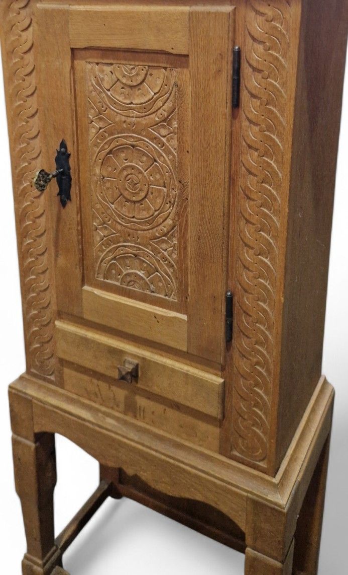 Carved Oak Side Cupboard / Antique Style Cabinet On Stand With Drawer + Key photo vinterior