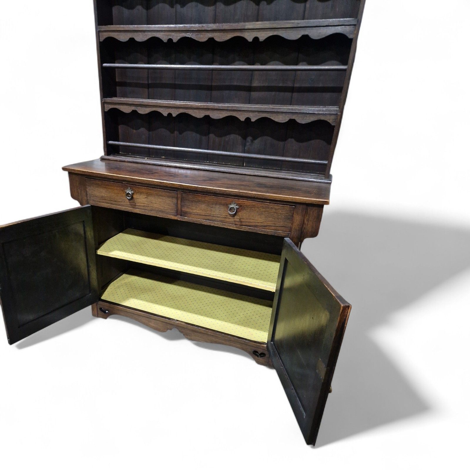 photo furniture Antique Oak Cabinet Dresser Arts & Crafts Double Cupboard + Delft Display Rack